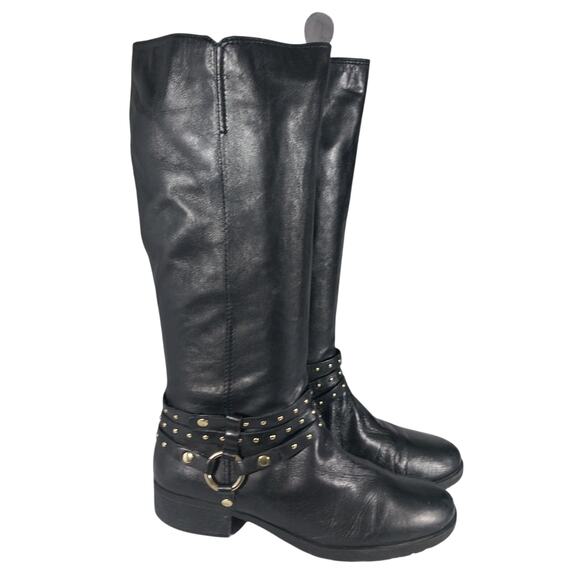 NINE WEST! BLACK GENUINE LEATHER TRIPLE STUDDED ANKLE HARNESS BOOTS! SZ 10M - Picture 1 of 11